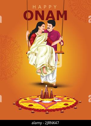 happy onam greetings vector illustration. illustration of Kerala family on swing Stock Vector