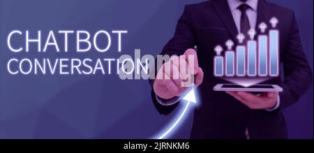 Conceptual caption Chatbot Conversation. Word Written on Chatting with virtual assistant artificial intelligence Stock Photo