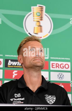 Hamburg, Germany. 25th Aug, 2022. Soccer, DFB Cup, FC Teutonia 05 Ottensen to the first round match in the DFB Cup, press conference. Coach David Bergner speaks during the press conference. Credit: Michael Schwartz/dpa/Alamy Live News Stock Photo