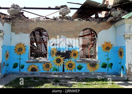 KYIV REGION, UKRAINE - AUGUST 24, 2022 - Central Palace of Culture of Irpin damaged during shelling by the russian troops, Irpin, Kyiv Region, north-central Ukraine. Stock Photo