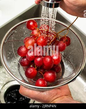 Close-up of washing red grapes under running water with strainer Stock Photo