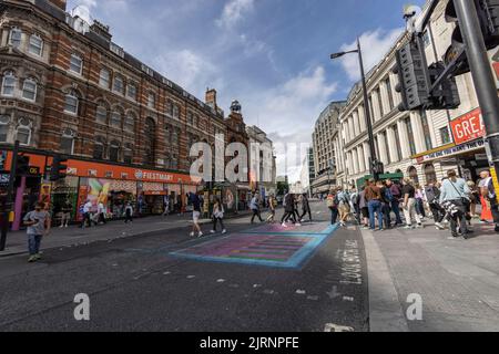 View looking north up Tottenham Court Road, central London, England, United Kingdom Stock Photo