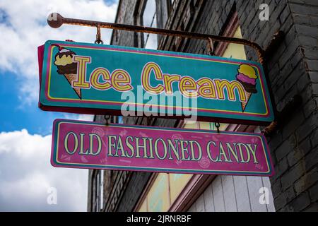 Ice Cream and Old fashioned Candy signs from the Valley Sweets in St. Croix Falls, Wisconsin USA. Stock Photo