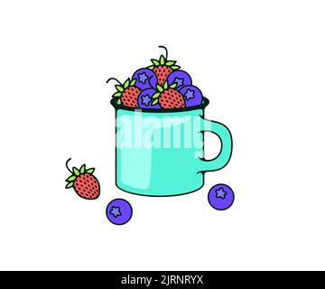 Enamel metal mug with wild strawberries and blueberry, logo design. Strawberry, berry, fruit, food and meal, vector design and illustration Stock Vector