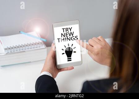 Hand writing sign Try New Things. Internet Concept Do different activities get to know other ways of doing Speech Bubble Color Sheet Surrounded With Stock Photo