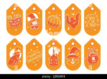 Halloween gift tags with cute characters and illustrations. Vector collection of gift tags with Halloween elements in funny cartoon style. Bright fest Stock Vector