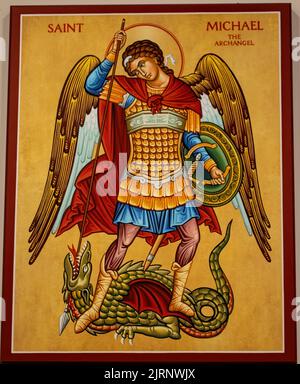 Picture of St. Michael the Archangel defeating the devil. Stock Photo