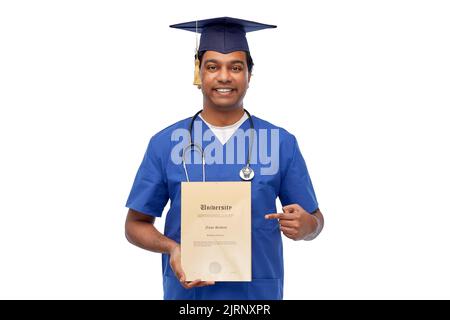 indian doctor or medical student with diploma Stock Photo