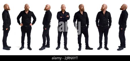 group of same man standing, bald and beard on white background Stock Photo