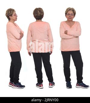 view of front back and side view of same senior woman with sportswear on white background Stock Photo
