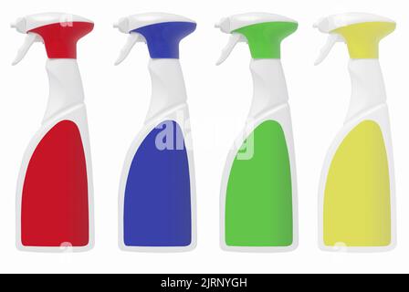 Row of four blank spray cleaner bottles isolated on white cut out Stock Photo