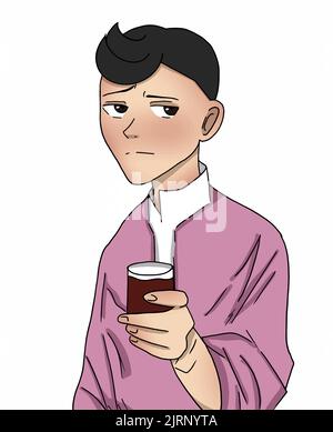 Anime guy stands with a glass of red wine and thinks Stock Vector