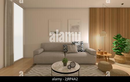 Interior night view of a cozy nordic style living room. White wooden floor, gray and white diagonal lines carpet, marble table, pictures hanging on th Stock Photo