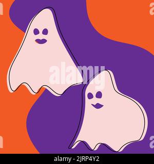 Vector set for Halloween of two smiling ghosts on an abstract background in trendy hues. Happy Halloween day. Trendy print design. Suitable for lettering, poster, greeting, wrapping paper, tag, banner Stock Vector