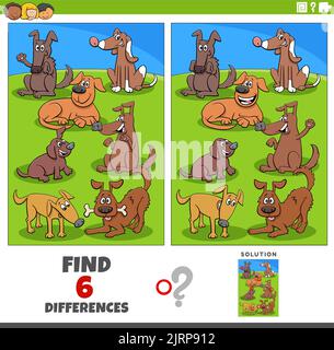 Cartoon illustration of finding the differences between pictures educational game with dogs animal characters Stock Vector
