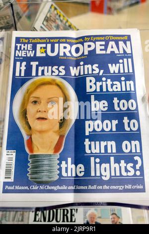 Liz ' If Truss wins, will Britain be too poor to turn on the lights?  The New European newspaper headline energy crisis front page 2022 London UK Stock Photo