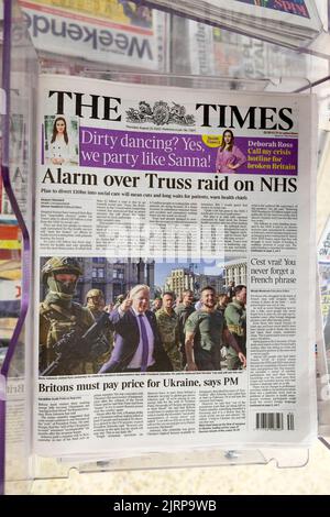 'Alarm over Truss raid on NHS'  Boris Johnson 'Britons must pay price for Ukraine' The Times newspaper headlines front page 25 August 2022 London UK Stock Photo