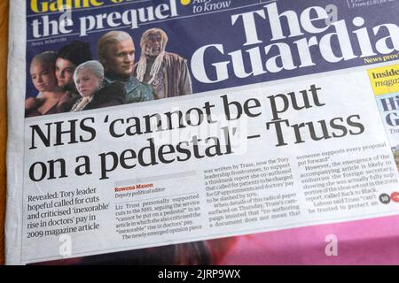 'NHS 'cannot be put on a pedestal' - Truss' Guardian newspaper headline front page article NHS cuts statement  20 August 2022 London England UK Stock Photo