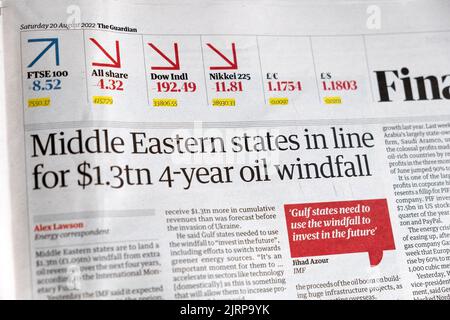 'Middle Eastern states in line for $1.3tn 4-year oil windfall' Guardian newspaper headline Financial clipping 20 August 2022 London Great Britain UK Stock Photo