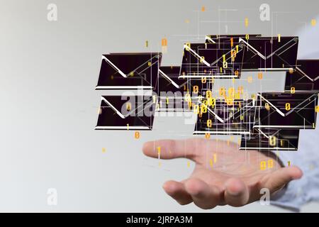 A 3d floating digital illustration of message icons  and binary code over a hand- the concept of connection Stock Photo