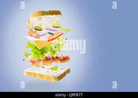 Creative composition. Classic American sandwich on a light blue background in frozen flight. Minimalism. There are no people in the photo. There is fr Stock Photo