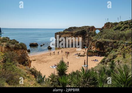 Lagos, Portugal. 2022 May 06 . Panorama of the tourist Praia in Estudantes de Lagos in the Algarve, Portugal in the summer of 2022. Stock Photo