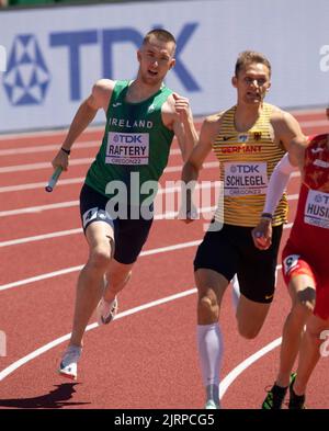 Jack Raftery and Marvin Schlegel competing in the mixed 4x100m relay heats at the World Athletics Championships, Hayward Field, Eugene, Oregon USA on Stock Photo