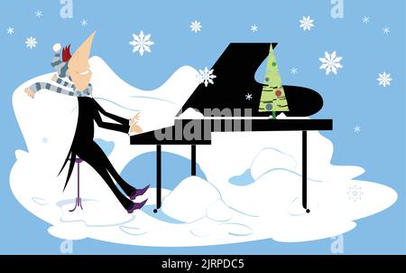 Winter piano concert illustration. Smiling pianist man is playing music under the falling snow Stock Vector