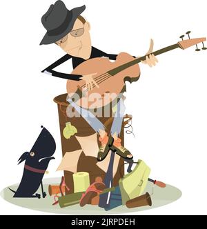 Sad blues or jazz man plays guitar. Beggar is sitting on pile of garbage and playing guitar for his dog Stock Vector