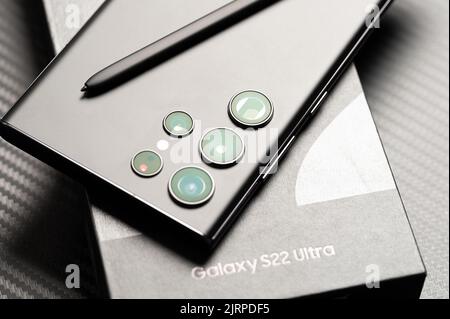 New york, USA - august 23, 2022: New Samsung S22 ultra with S pen and new camera set close up view Stock Photo