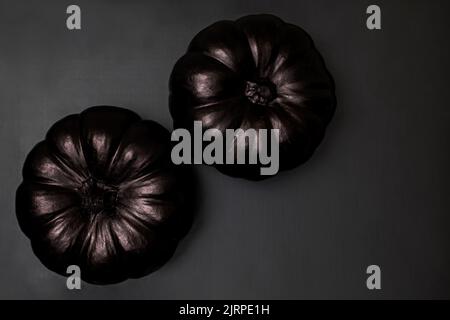 Two black pumpkins on black background, stylish Halloween decor, top view Stock Photo