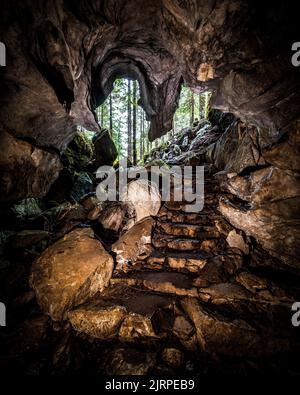 Stone steps are leading to an underground cave at a Buddhist temple in ...
