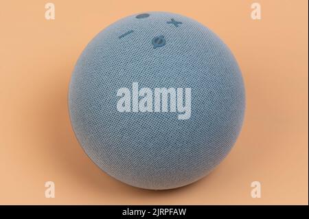 New york, USA - july 12, 2022: Amazon Alexa echo dot speaker with buttons close up view Stock Photo