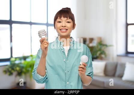 asian woman holding energy saving lighting bulb Stock Photo