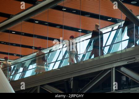 Aircraft crew comprising of pilots and cabin staff walking across a raised walkway at Geneva GVA airport (Cointrin) in Geneva, Switzerland. (131) Stock Photo