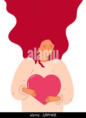 Cute woman with long hair hugs big heart carefully. Woman is holding red heart in her hands. Stock Vector