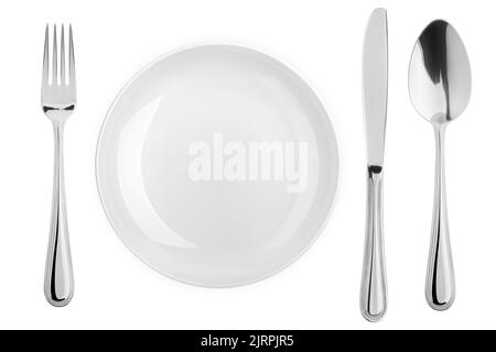 Empty plate, fork, knife, spoon, cutlery isolated on white background, clipping path, top view Stock Photo