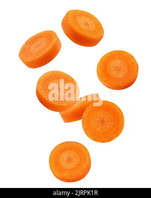 Falling Carrot slice isolated on white background, clipping path, full depth of field Stock Photo