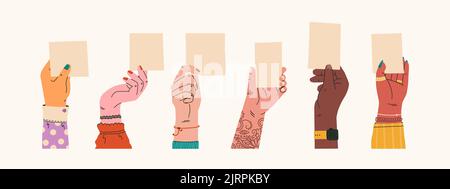 Set of female hands holding blank cards. Elegant hands show flyer with space for your text. Template with blank sheet of paper. Vector trendy flat Stock Vector