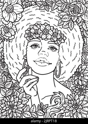 Afro American Flower Girl Coloring Page for Kids Stock Vector Image ...