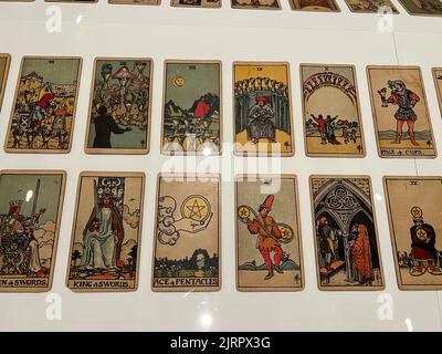 Rider-Waite-Smith Tarot Deck, 1909 (printed c. 1920-30) Tarot cards. By Pamela Colman Smith.  In 1909, Pamela Colman Smith was commissioned to design a set of seventy-eight tarot cards by A. E. Waite, the leader of the Independent and Rectified Rite of the Golden Dawn, a secret, mystical society to which Smith belonged. Stock Photo