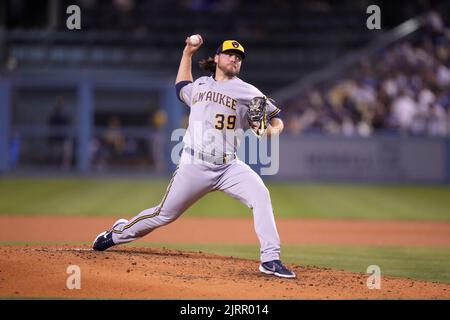 Milwaukee Brewers starting pitcher Corbin Burnes (39) throws in the third inning against the Los Angeles Dodgers during a MLB game, Tuesday, Aug. 23, 2022, in Los Angeles. Stock Photo