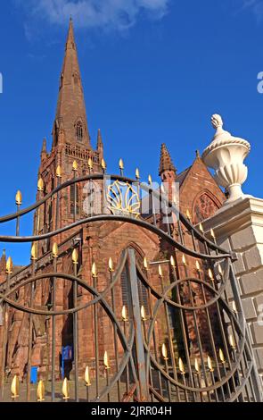 Gates and entrance to St Elphin's , blue skies, 129 Church Street, Warrington, Cheshire, England, UK , WA1 2TL Stock Photo