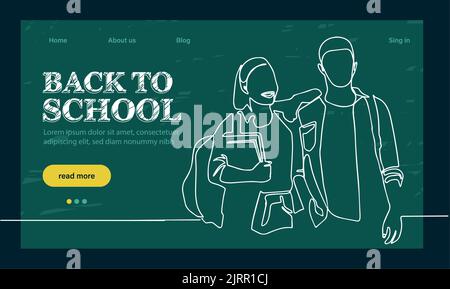 landing page template with globe, glasses and stack of textbooks.Back to school landing page template. Outline web banner on white backdrop. Vector outline illustration. Concept website page. Stock Vector