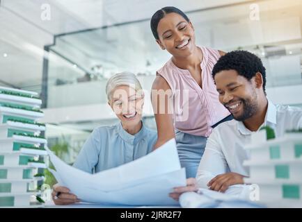 Architecture, designer and happy engineering team speak of their development office building project blueprint on paper. Smile, model and teamwork in Stock Photo