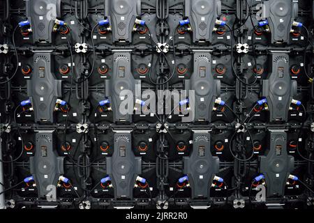Full frame close up view of audio technology system, wires cables and connections Stock Photo