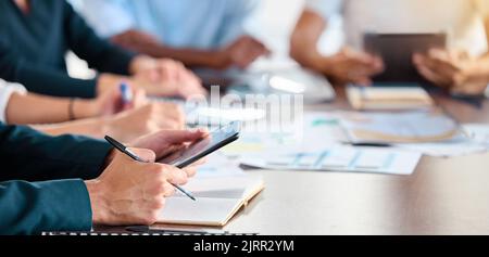Business marketing meeting and manager with tablet searching the internet for teamwork in an office. Closeup hands of employee working on project Stock Photo