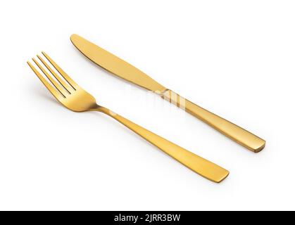 Gold knives and forks placed against a white background. Beautiful gold cutlery. Stock Photo