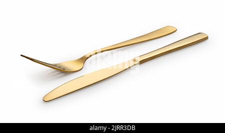 Gold knives and forks placed against a white background. Beautiful gold cutlery. Stock Photo