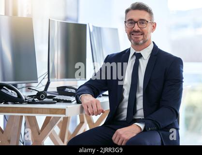 Portrait of computer information technology manager, software programmer or business man engineer. Trust, leadership and vision of an IT man in Stock Photo